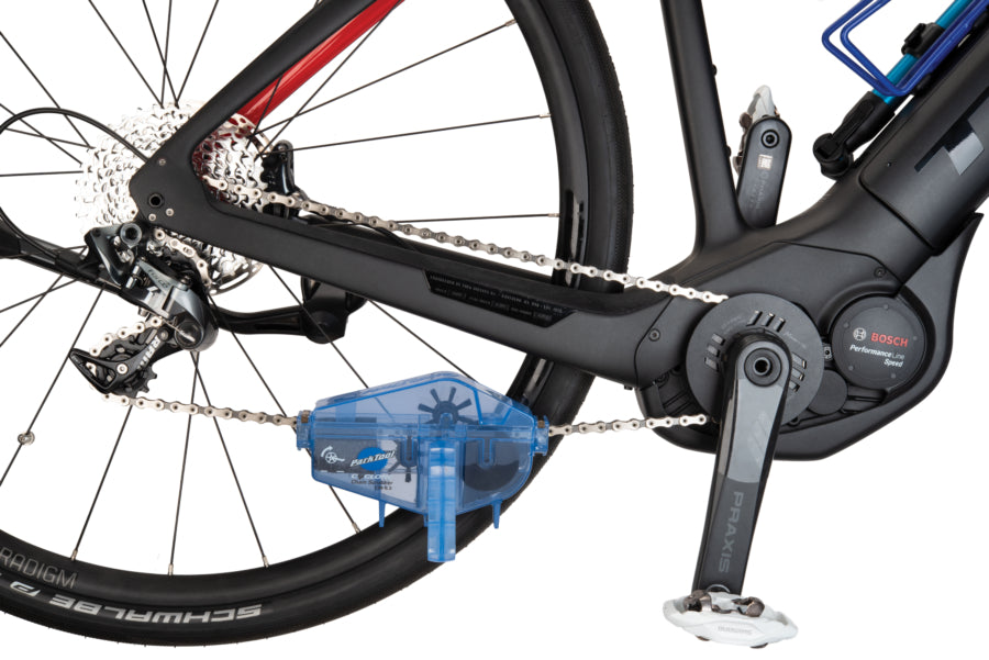 Park Tool CM-5.3 Chain Cleaner being used to clean the chain on an Trek E Bike with a Bosch Motor