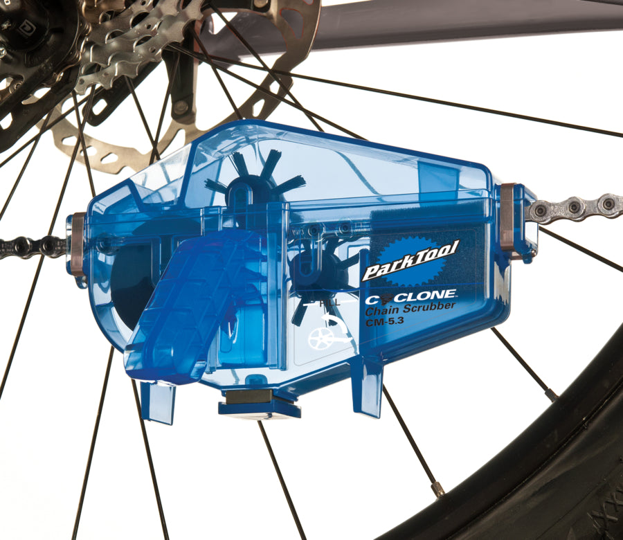 Park Tool CM-5.3 Chain Cleaner being used to clean the chain on an Trek E Bike with a Bosch Motor