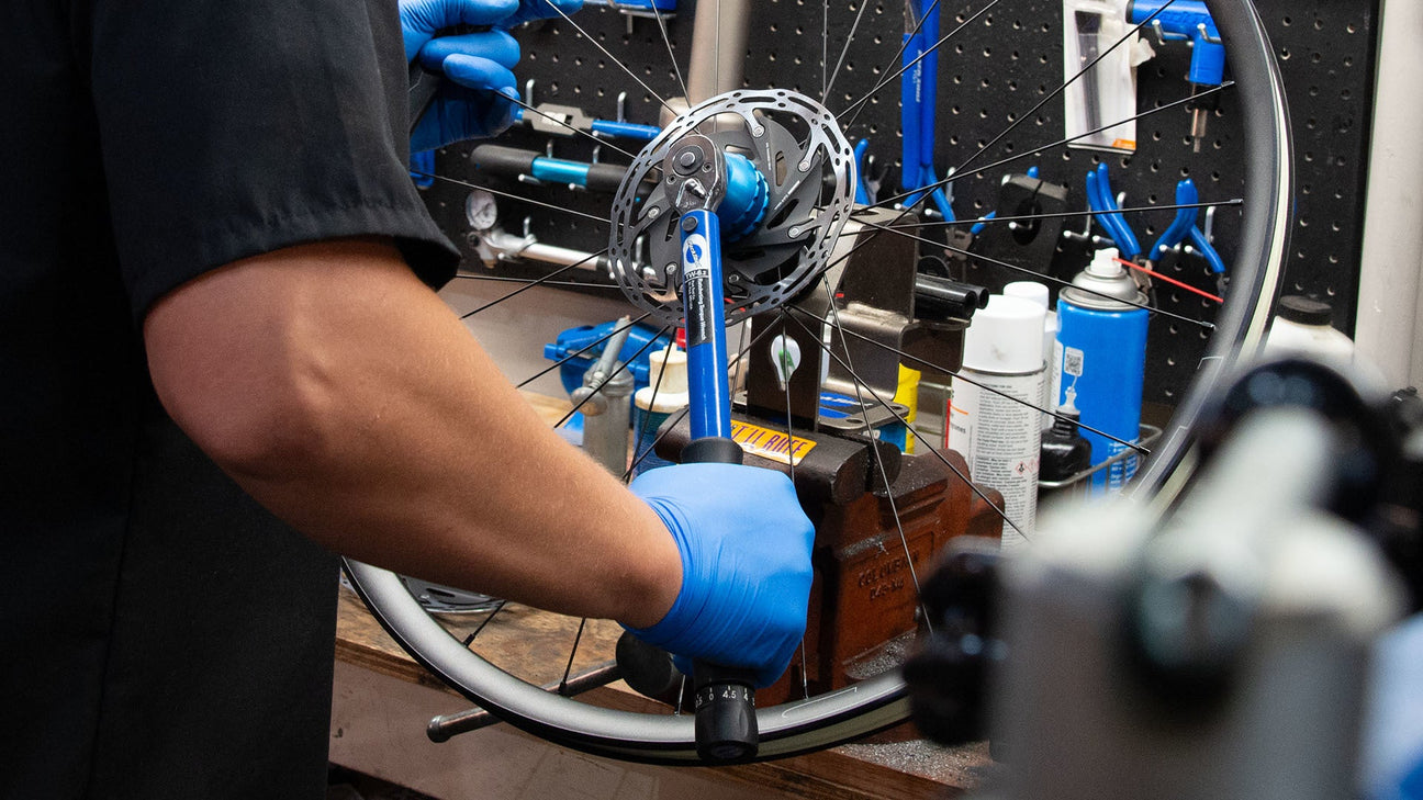 Park Tool TW-6.2 being used to torque down a disc rotor lockring on a shimano gravel wheel