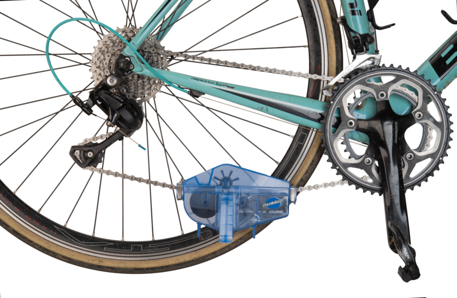 Park Tool CM-5.3 Chain Cleaner being used to clean the chain on an old Bianchi Road Bike