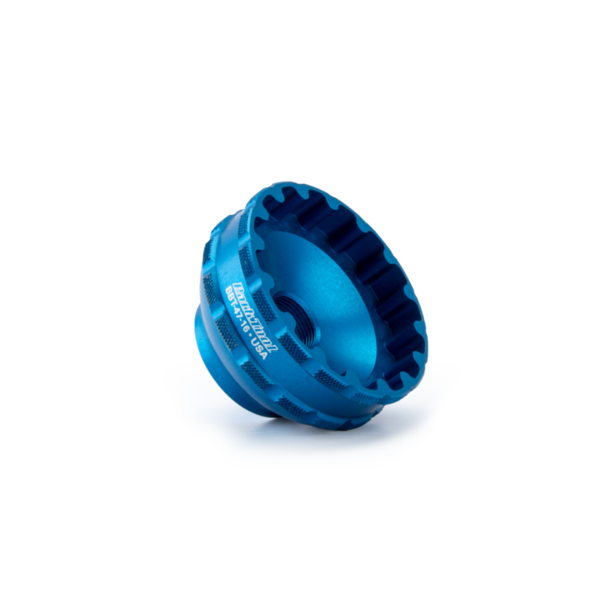 Angled view of Park Tool BBT-47-16 aluminium bottom bracket socket on white background
