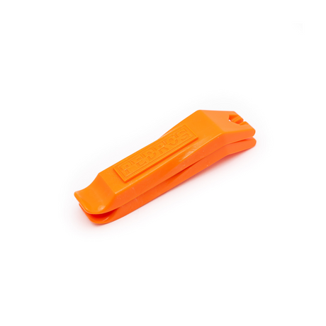 Pair of Orange Pedros Tyre Levers on white background